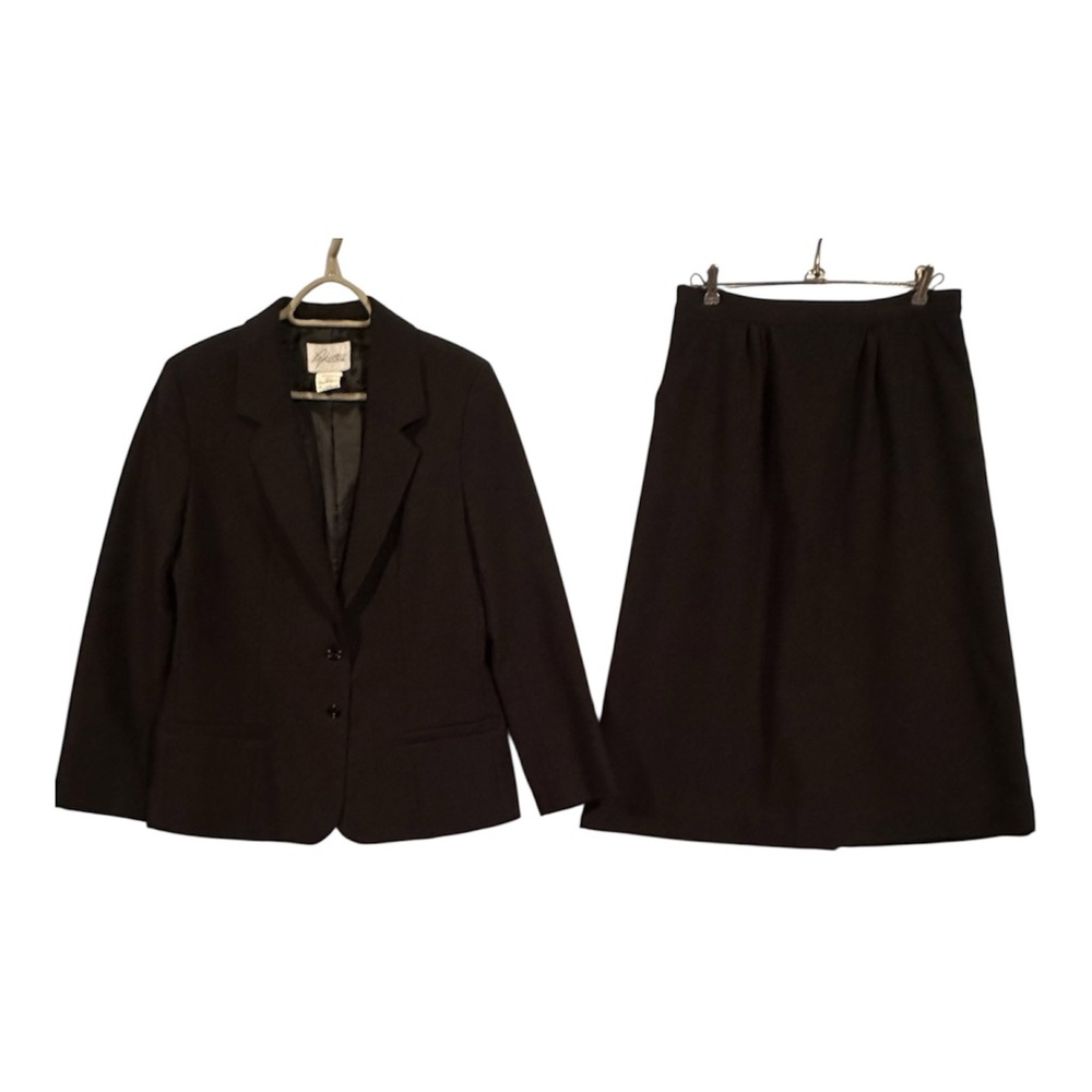 VTG Pykettes Black Skirt Suit Set Blazer & Midi Skirt Size 12 Made in USA